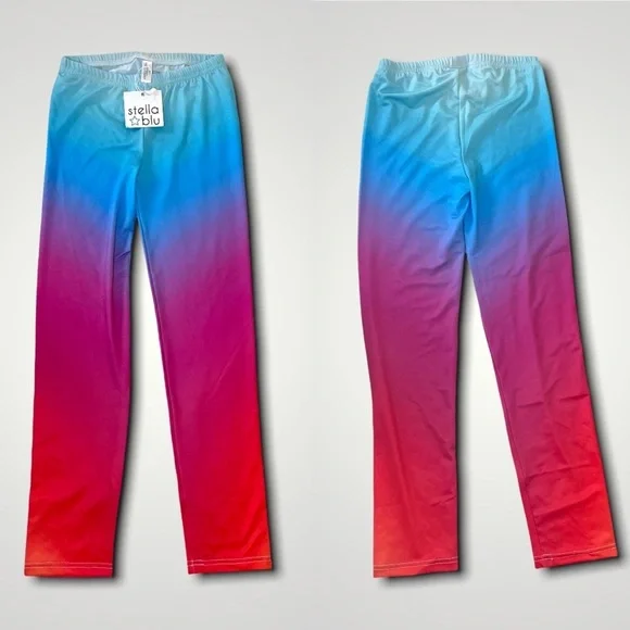 STELLA BLU  NWT IRREGULAR LCUTE RAINBOW OMBRE LEGGINGS RED PINK BLUE - Picture 5 of 7